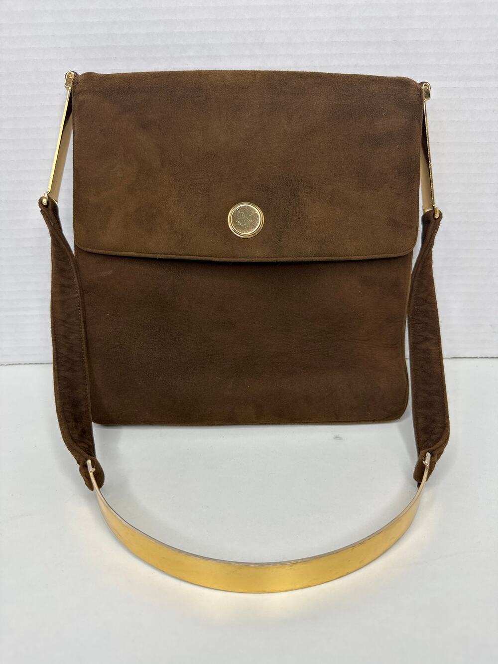 Prestige Vintage suede brown bag with gold hardware & flap closure